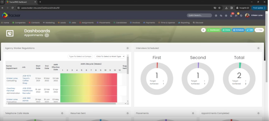 Tracker appointments dashboard with Agency Worker Regulations tracking and interviews scheduled