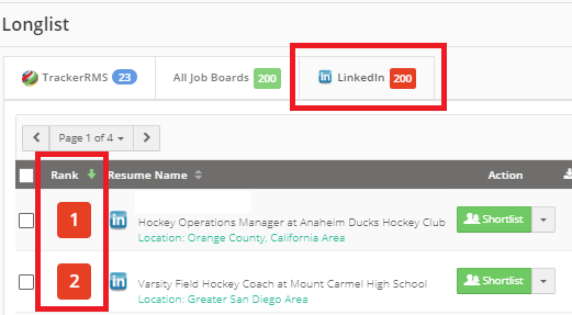 Tracker job board search results ranked by match, with the LinkedIn tab and rank column highlighted
