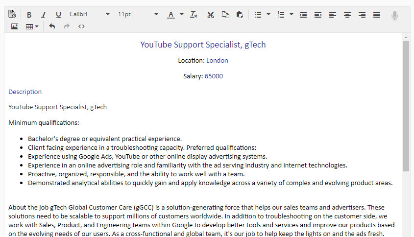 Sample Job Description Screenshot