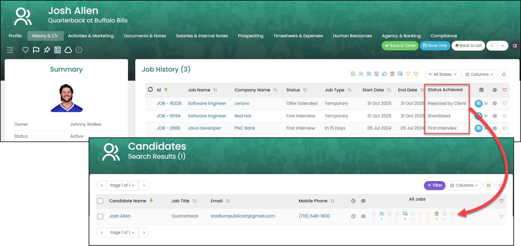 Screenshot of Candidate Summary