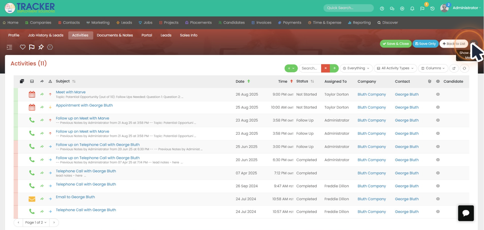 Screenshot - Tracker Activities Tab