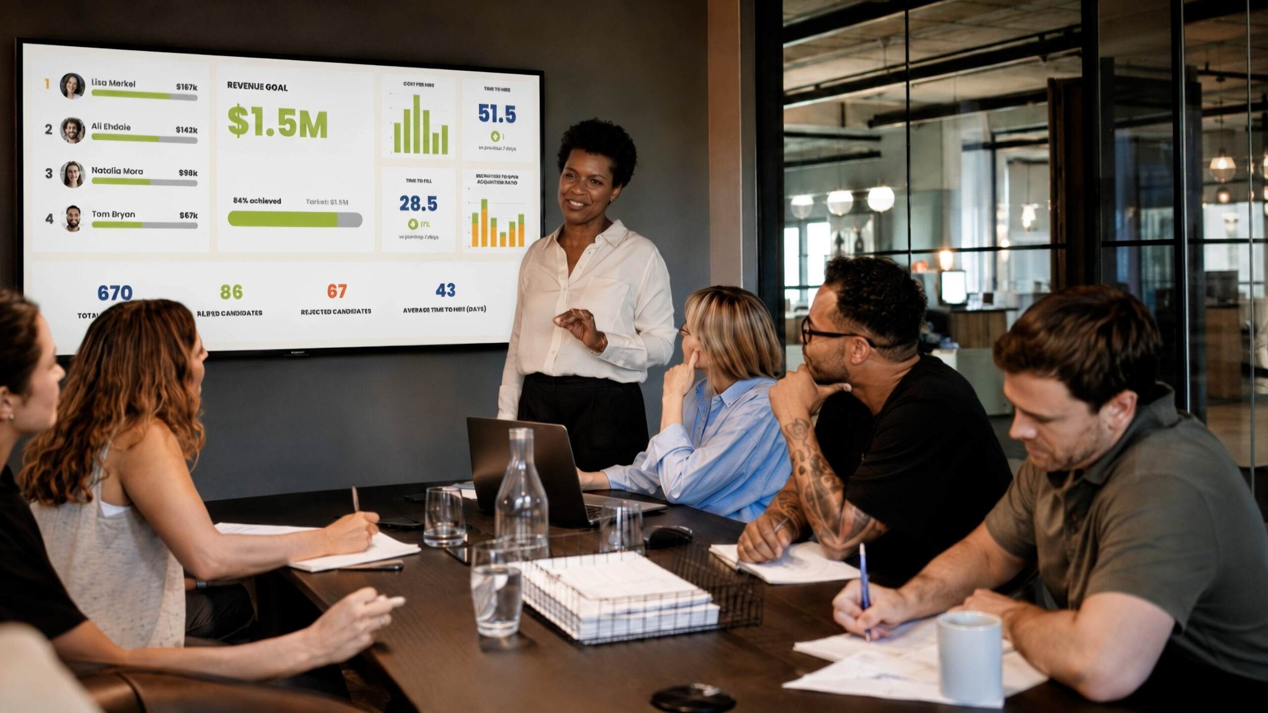 Recruitment team meeting around a table, reviewing a Tracker reporting dashboard on a large wall screen