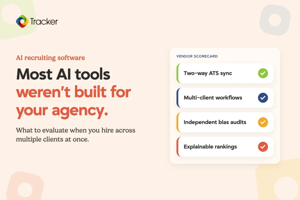 AI recruiting software for staffing agencies: a vendor scorecard checking two-way ATS sync, multi-client workflows, independent bias audits, and explainable rankings