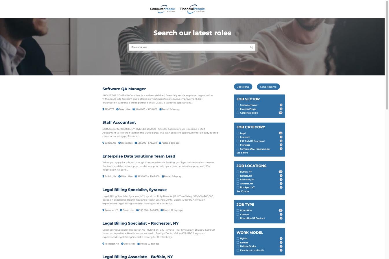 ComputerPeople Jobs+ careers site with keyword search, salary details and filters by sector, category, location and work model