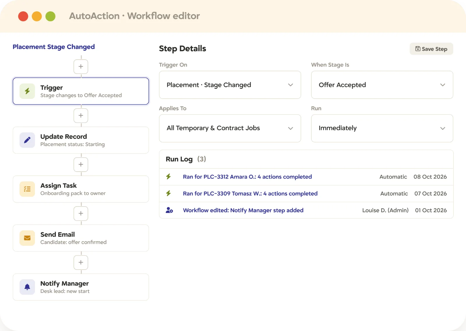 Recruitment automation workflow in Tracker, with a stage-change trigger chaining record updates, tasks, emails, and manager alerts