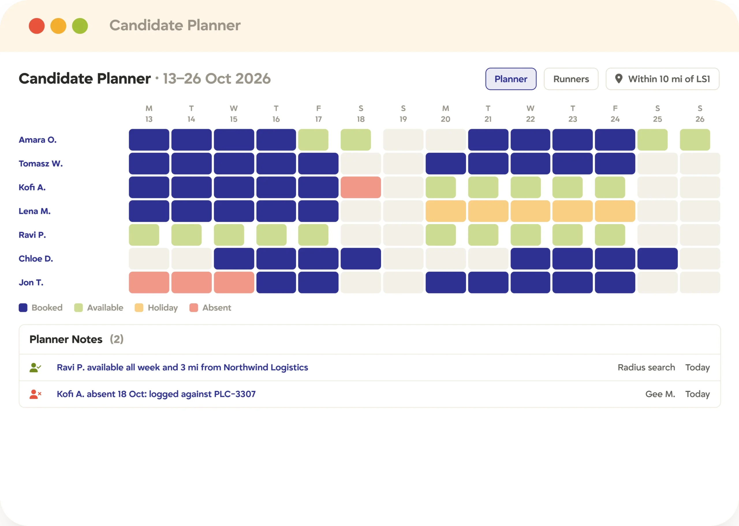 Recruitment candidate planner and shift availability Tracker Candidate Planner showing temp worker availability, bookings, and absence by day, with a radius search