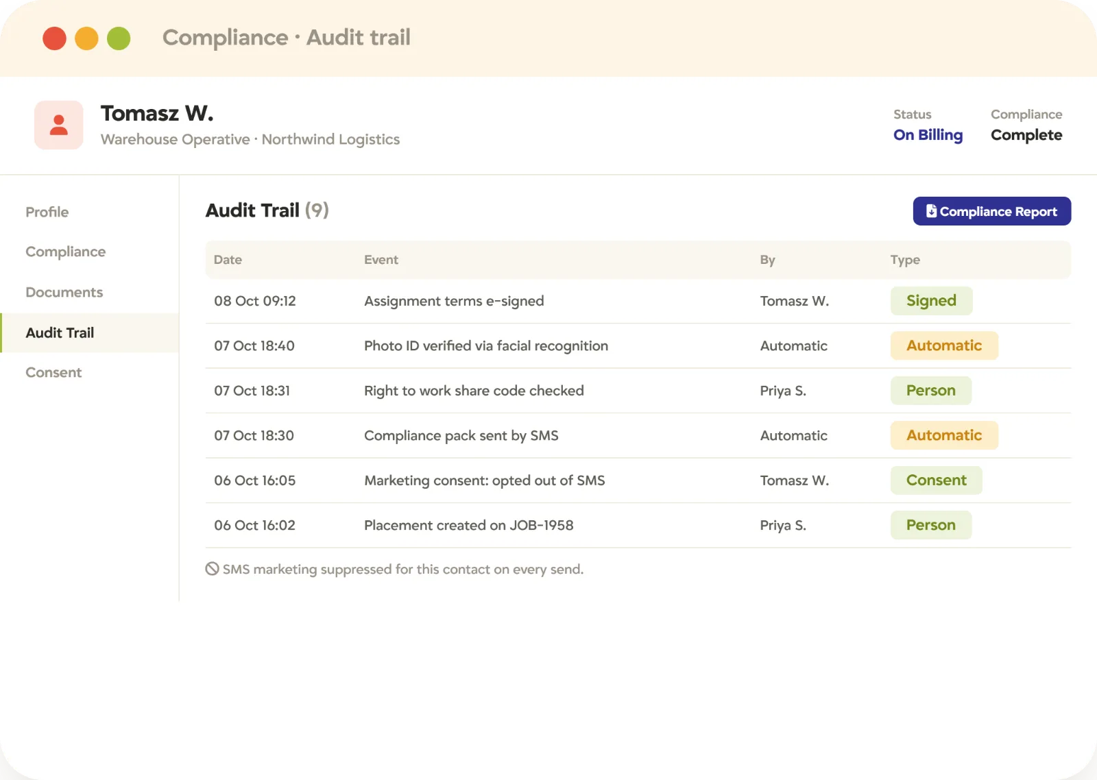 Recruitment compliance audit trail and consent Recruitment compliance audit trail in Tracker logging every check, signature, automated action, and consent change with date and owner