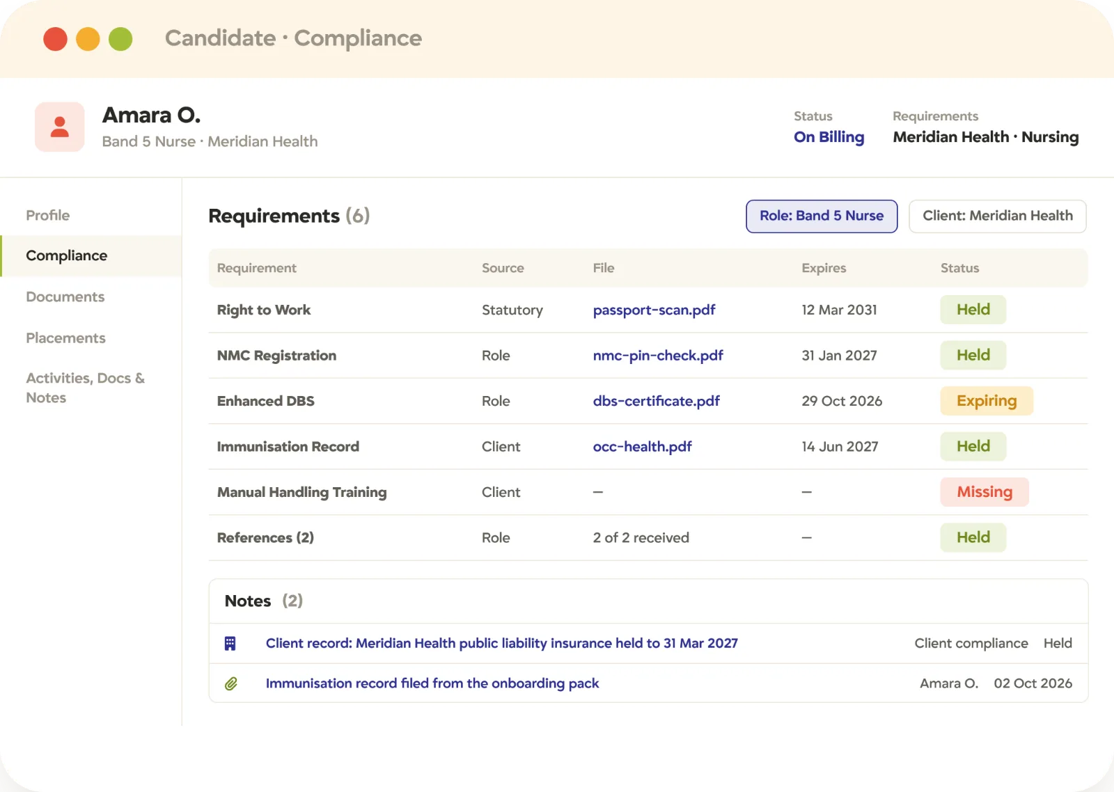 Recruitment compliance credentials and documents Recruitment compliance record in Tracker listing a nurse’s required credentials by role and client, with files, expiry dates, and what’s missing