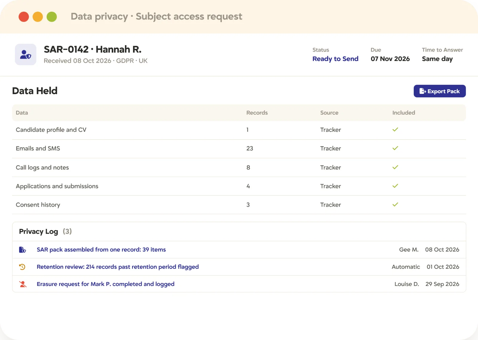 Recruitment compliance GDPR subject access request GDPR subject access request in Tracker assembled from one candidate record, with retention review and erasure logged