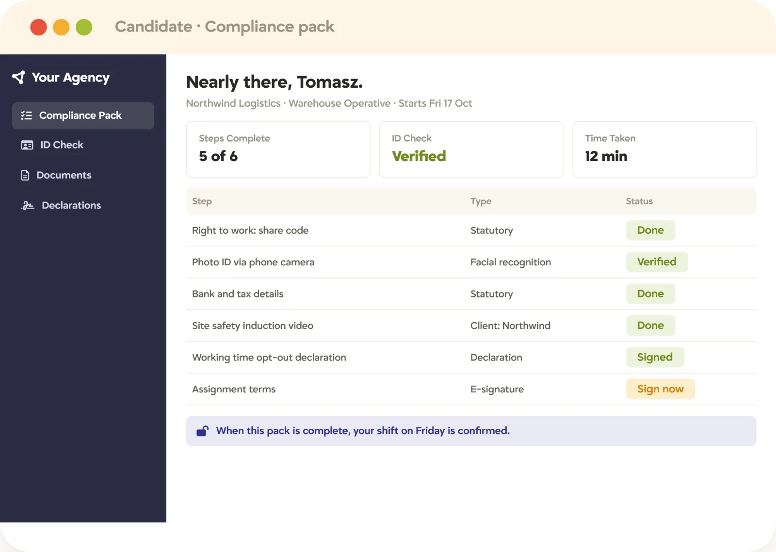Recruitment compliance pack candidate self-service Candidate completing a recruitment compliance pack on their phone, with right to work, facial recognition ID check, declarations, and e-signature