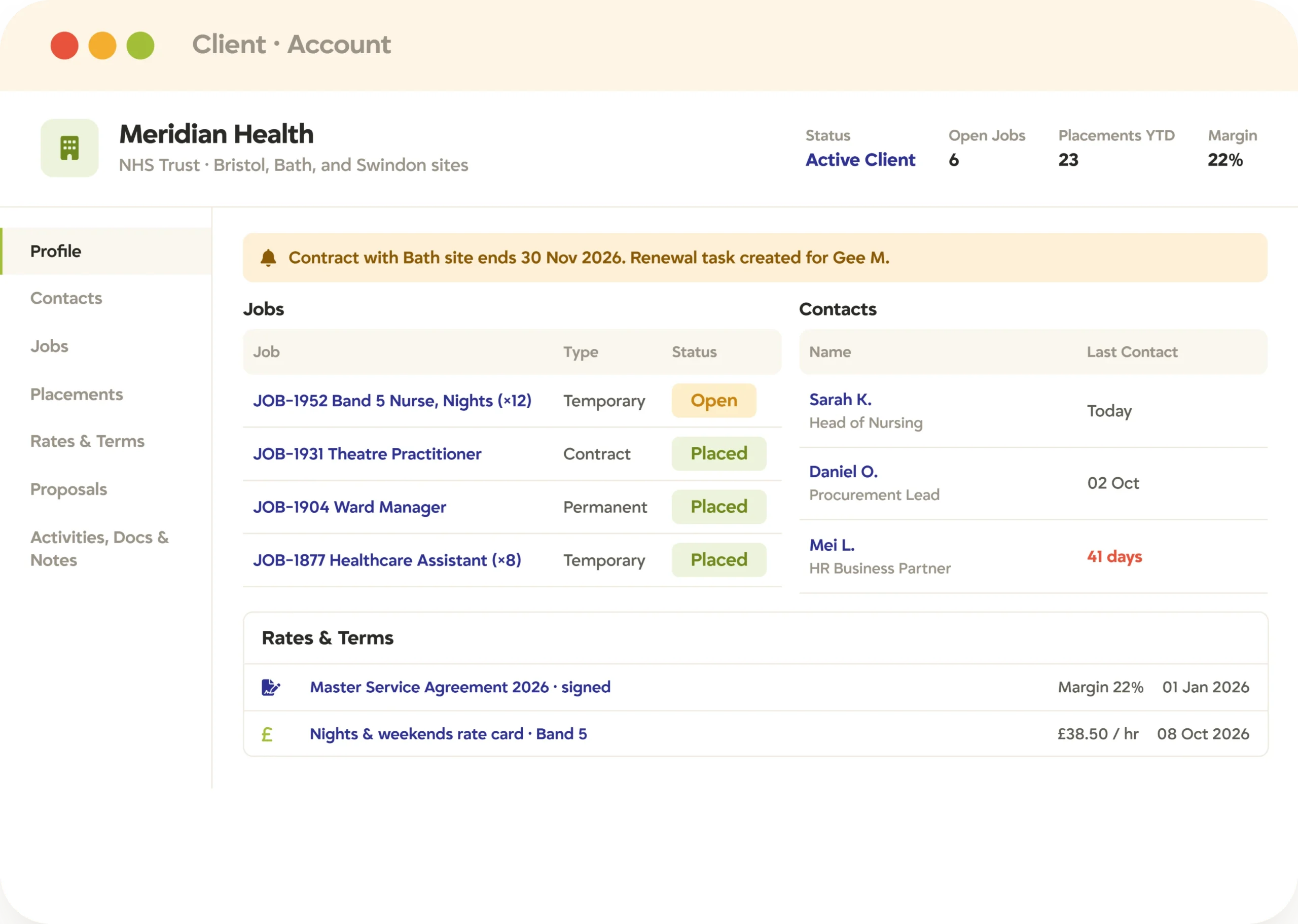 Recruitment CRM client account management Client account in Tracker recruitment CRM with jobs, contacts, rates and terms, and a contract end-date alert
