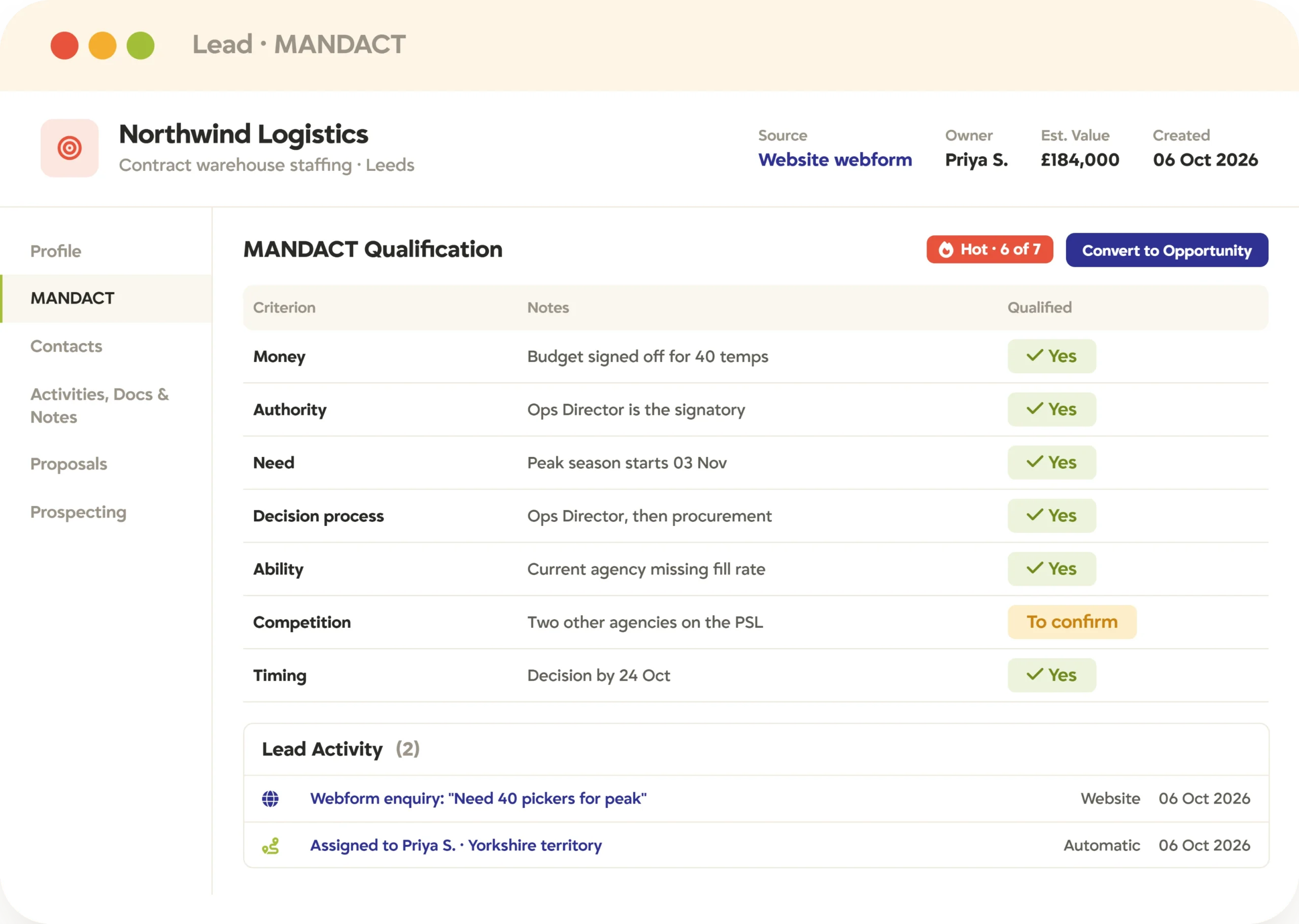 Recruitment CRM lead qualification MANDACT Recruitment CRM lead record in Tracker with a MANDACT qualification checklist, webform source, and automatic lead assignment