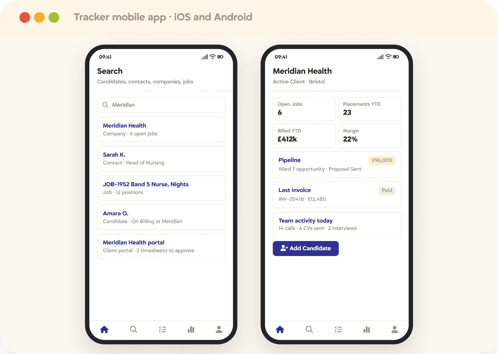 Recruitment mobile app search and client record Tracker recruitment mobile app on iOS and Android, searching the whole system and opening a client record with pipeline and billing history