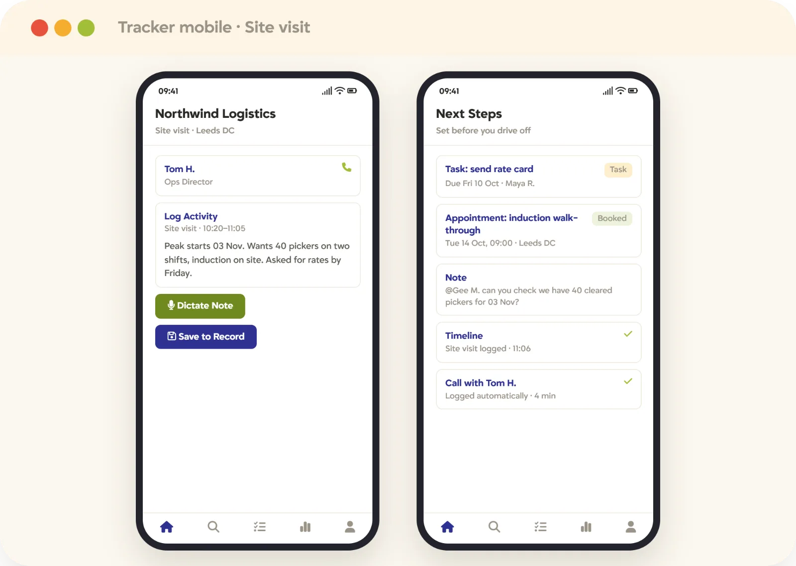 Recruitment mobile app site visit logging Logging a client site visit in the Tracker recruitment mobile app, with a dictated note, follow-up task, appointment, and @mention