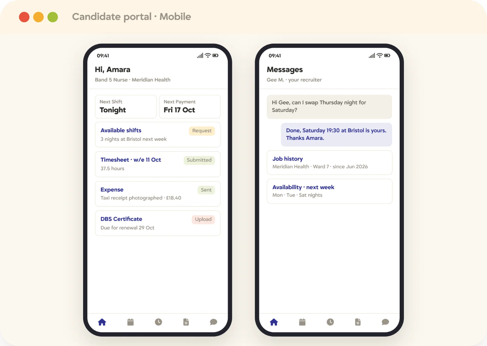 Recruitment mobile candidate portal shifts and timesheets Recruitment candidate portal on mobile, with shift requests, timesheet submission, expense photos, compliance renewals, and recruiter messages