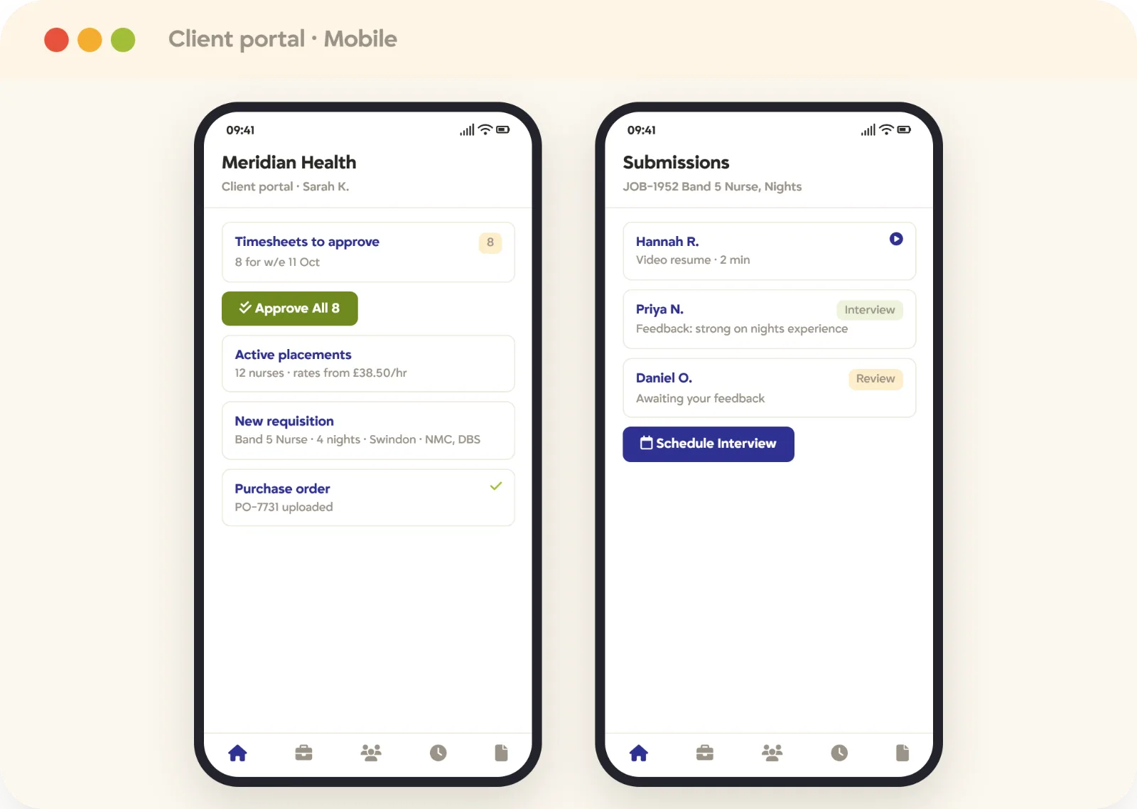 Recruitment mobile client portal timesheet approval Recruitment client portal on mobile, with bulk timesheet approval, a new job requisition, video resumes, and interview scheduling