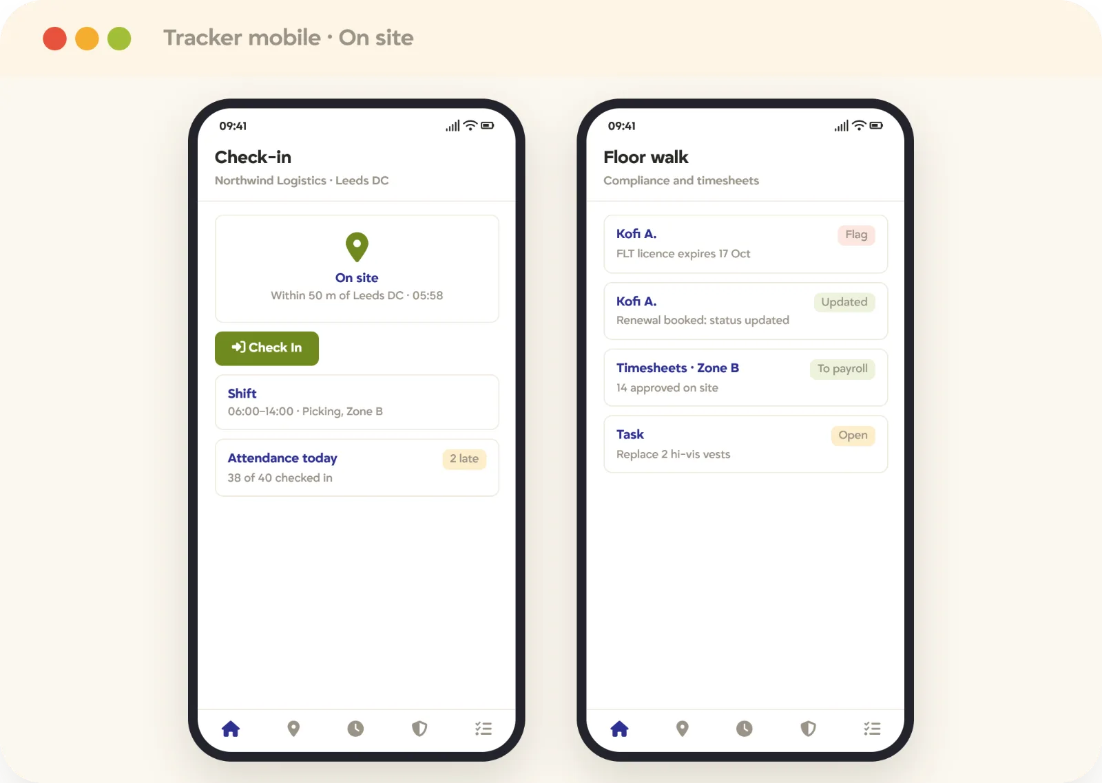 Recruitment mobile geolocation check-in Geolocation check-in on site in the Tracker recruitment mobile app, with attendance, compliance flags, and timesheets approved on the floor