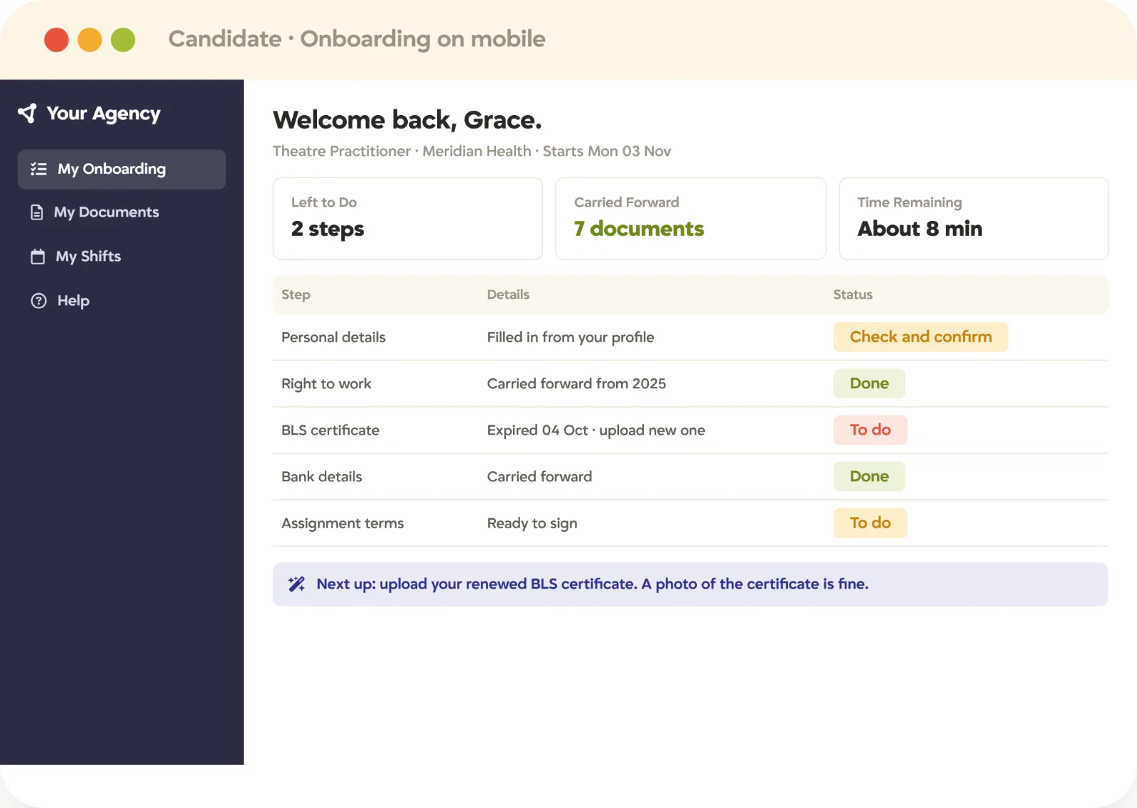 Recruitment onboarding candidate mobile portal Candidate completing recruitment onboarding in a mobile portal, with details pre-filled and documents carried forward from a previous assignment