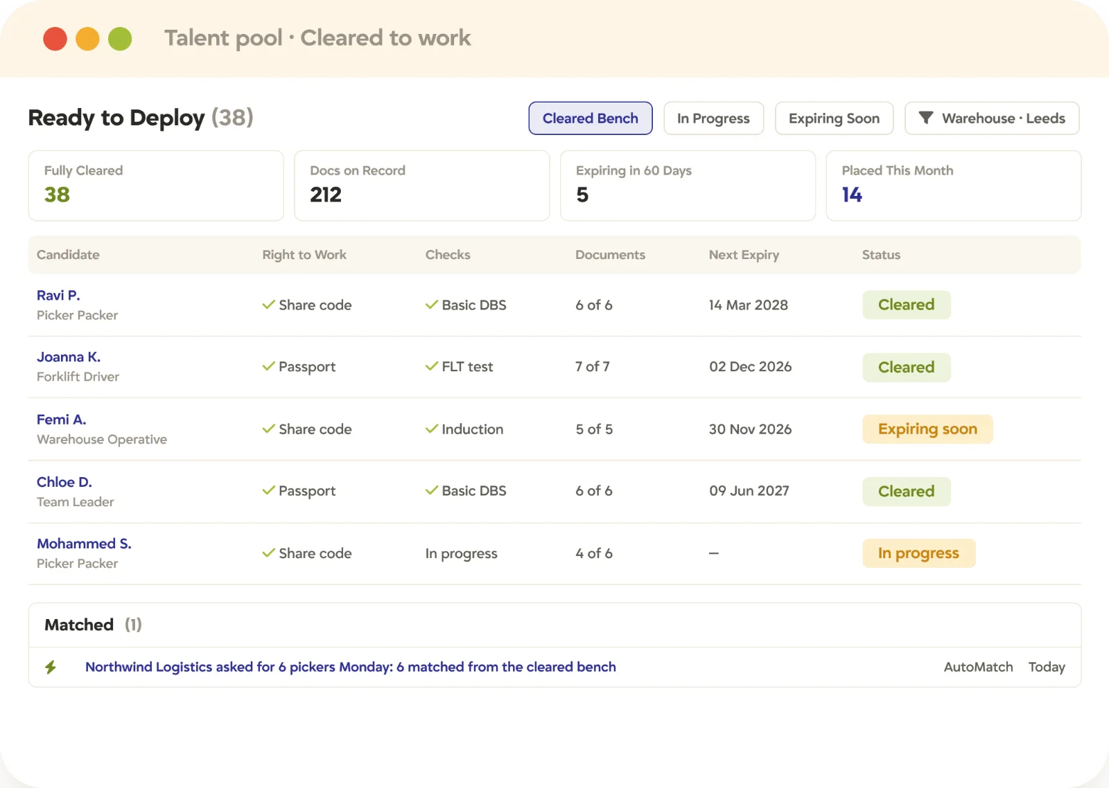 Recruitment onboarding cleared talent pool Recruitment onboarding talent pool in Tracker showing candidates already cleared to work, with right to work, checks, documents, and next expiry