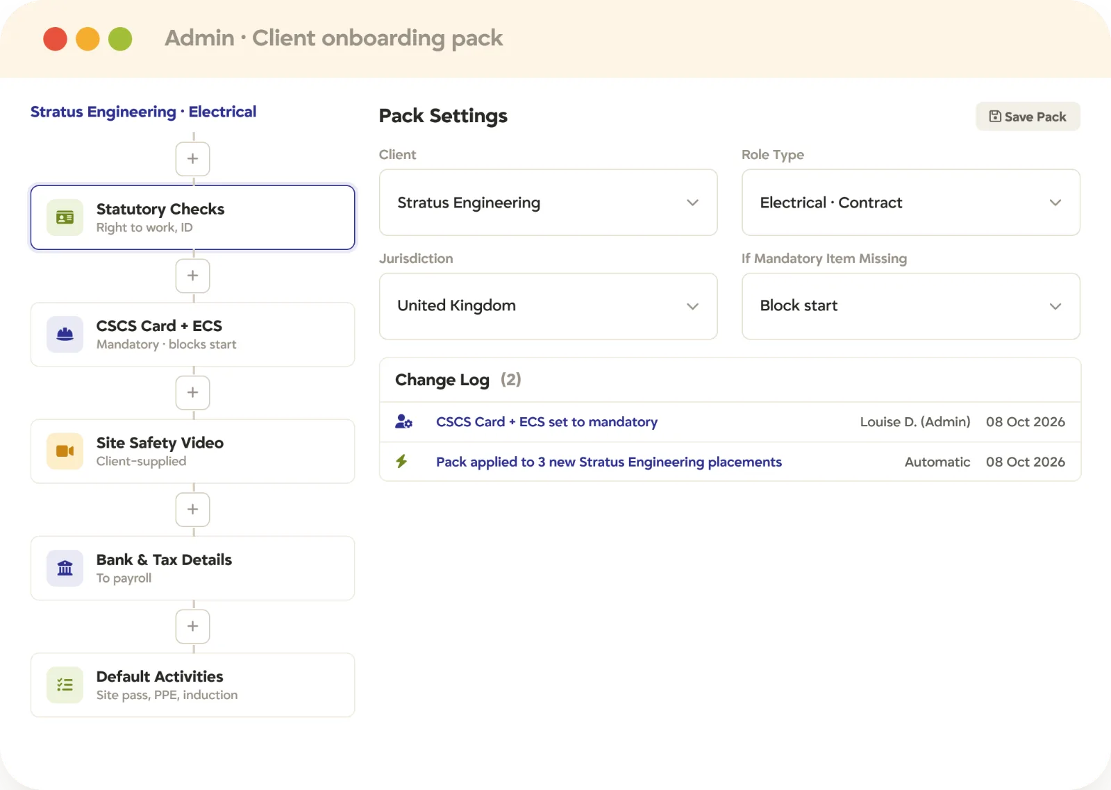 Recruitment onboarding client-specific workflow Client-specific recruitment onboarding pack in Tracker, with mandatory steps that block a start, default activities, and admin change log