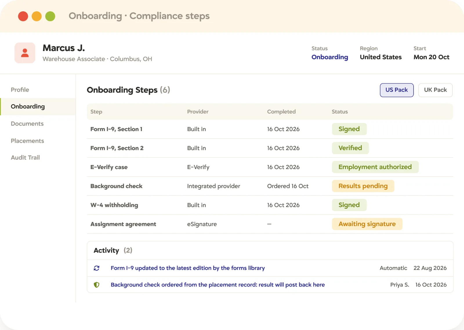 Recruitment onboarding steps in Tracker for a US hire, with Form I-9, E-Verify, a background check, W-4, and eSignature