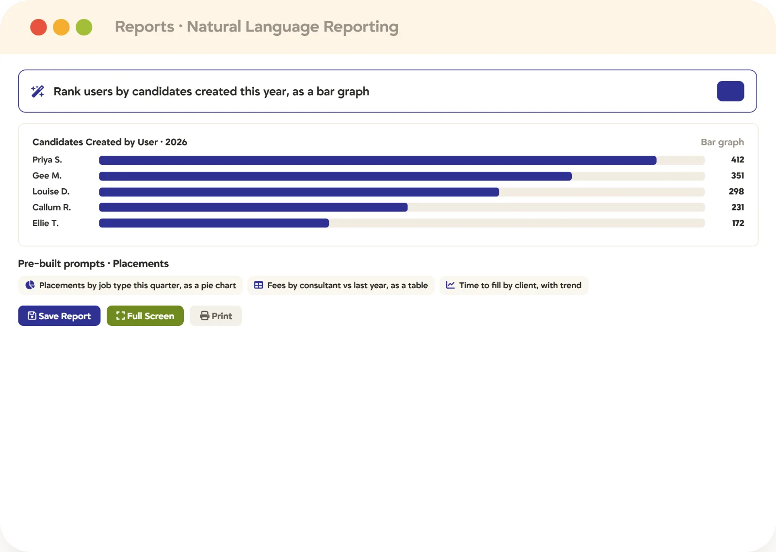 Recruitment reporting natural language AI Natural language recruitment reporting in Tracker, turning a typed question into a bar graph, with pre-built prompts and save options