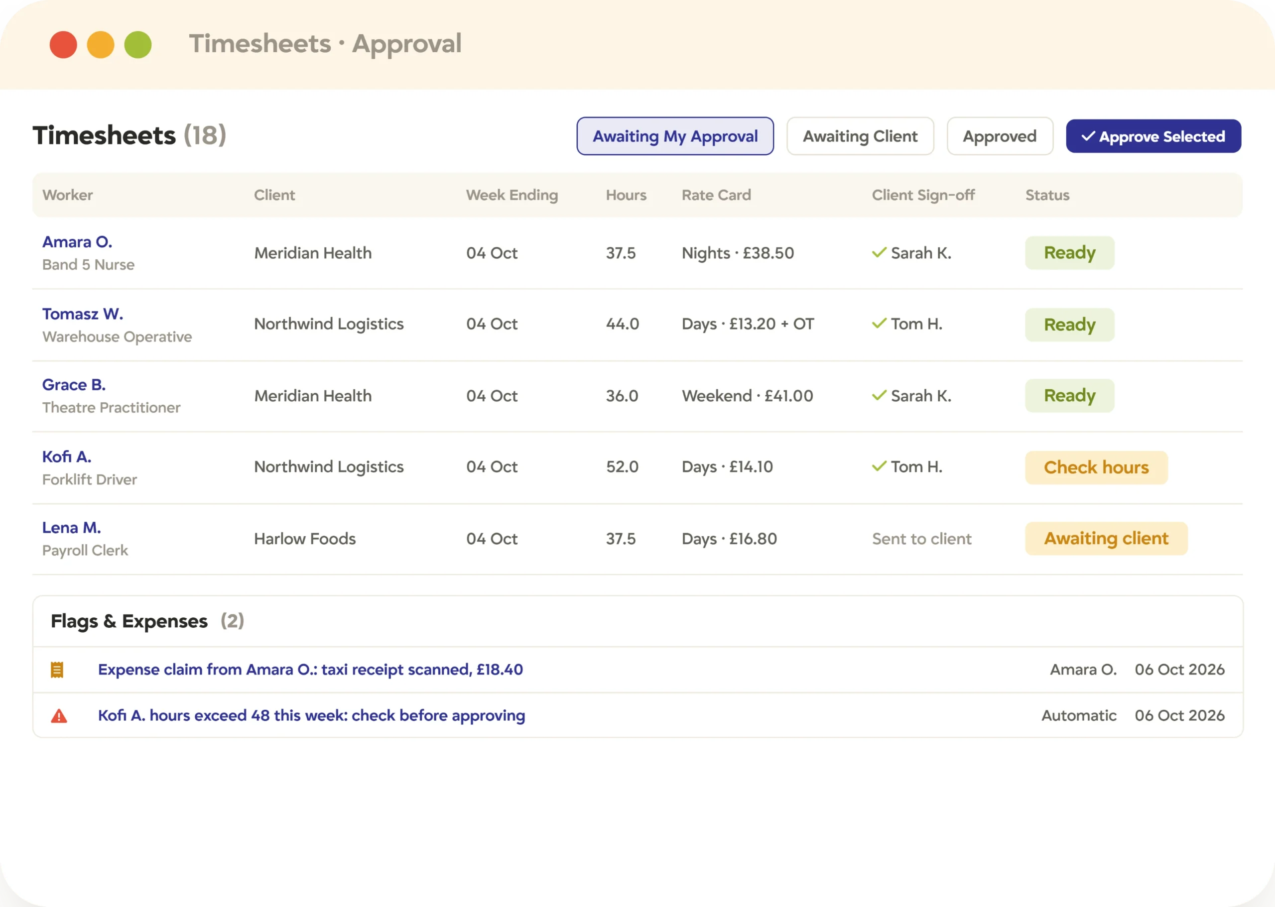 Recruitment timesheet approval and rate cards Timesheet approval in Tracker with client sign-off, rate cards by shift, and an expense receipt
