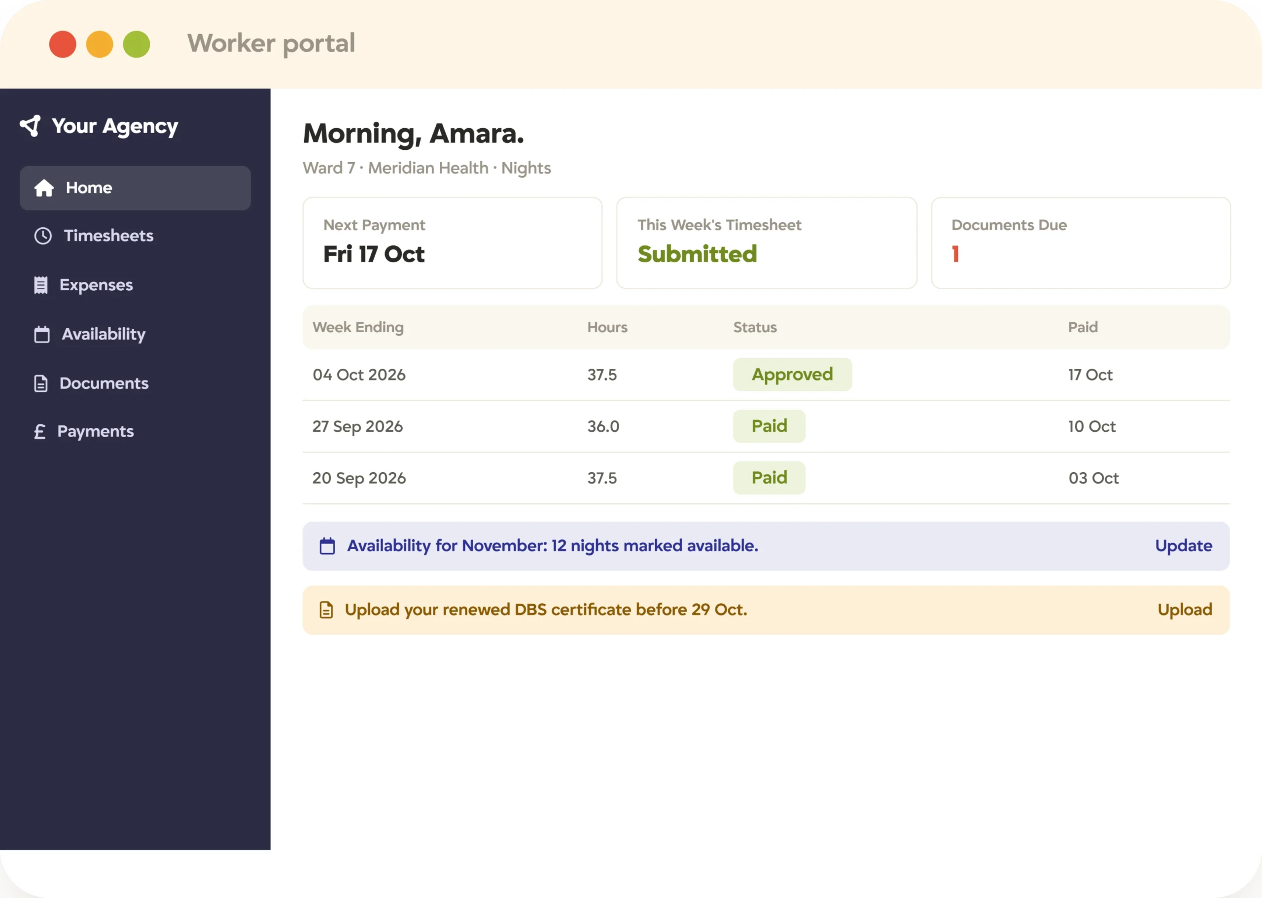 Agency-branded worker portal in Tracker showing timesheets, next payment date, availability, and documents due