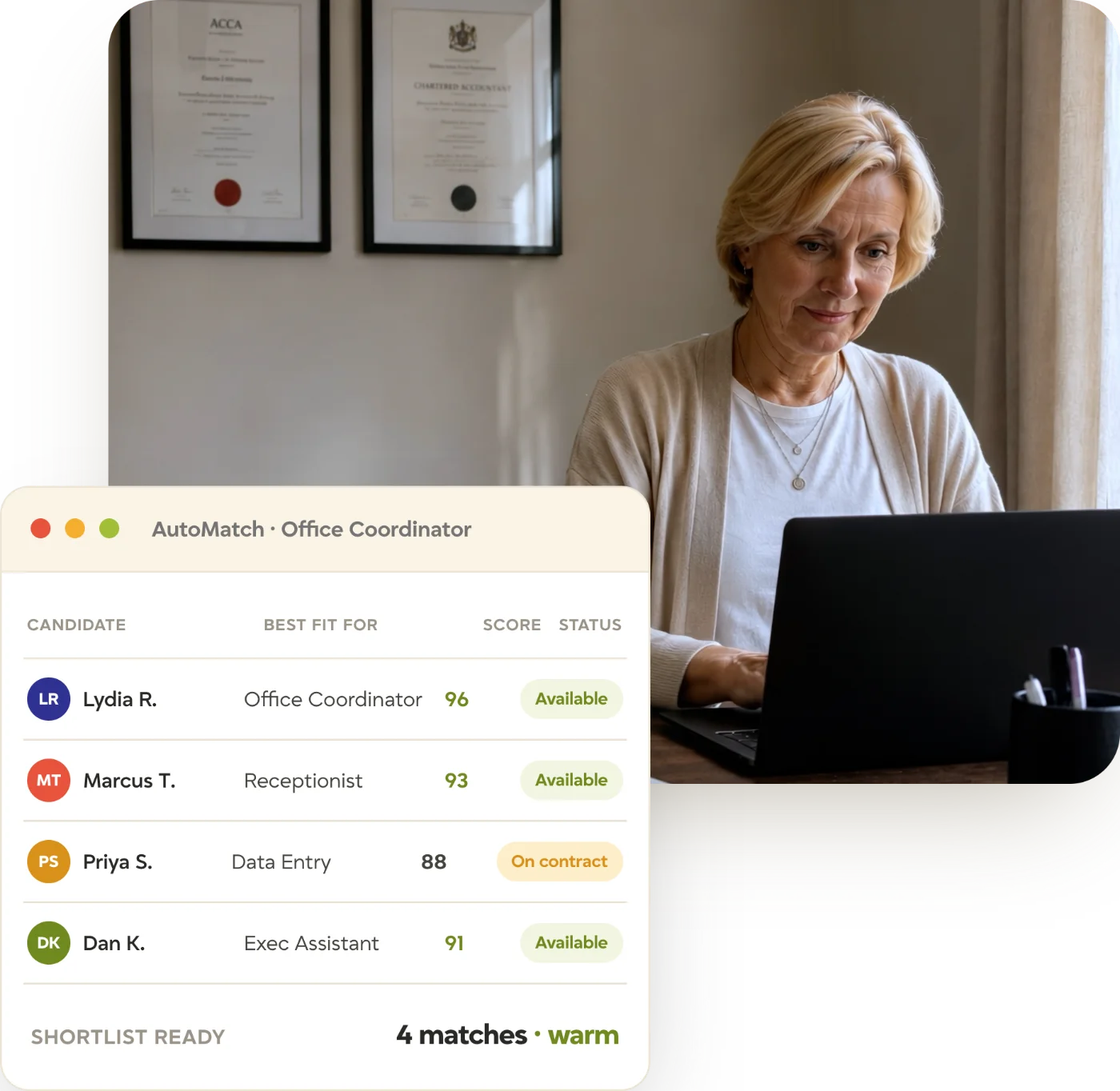 Recruiter working on a laptop at home, with a Tracker AutoMatch shortlist for an office coordinator showing best-fit roles and scores