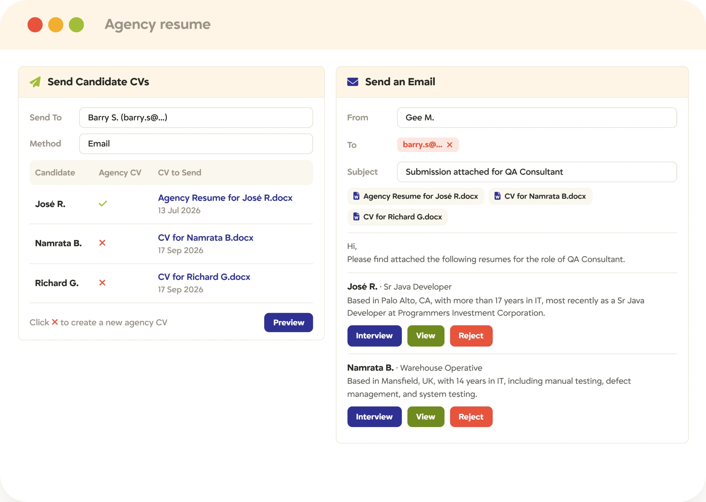 Agency resume submission in Tracker ATS Sending agency-formatted candidate resumes to a client by email from Tracker