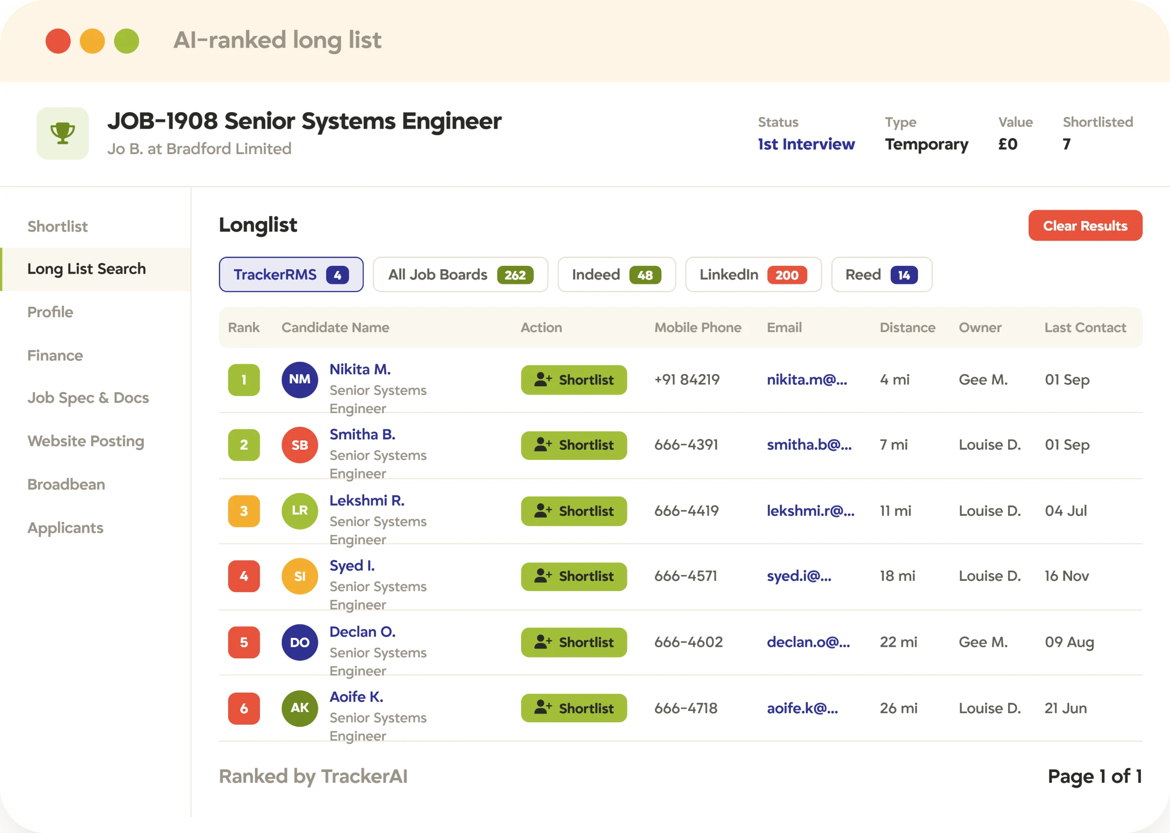 AI-ranked candidate long list in Tracker ATS Tracker AI-ranked long list for a job, with candidates ranked across Tracker and job board results