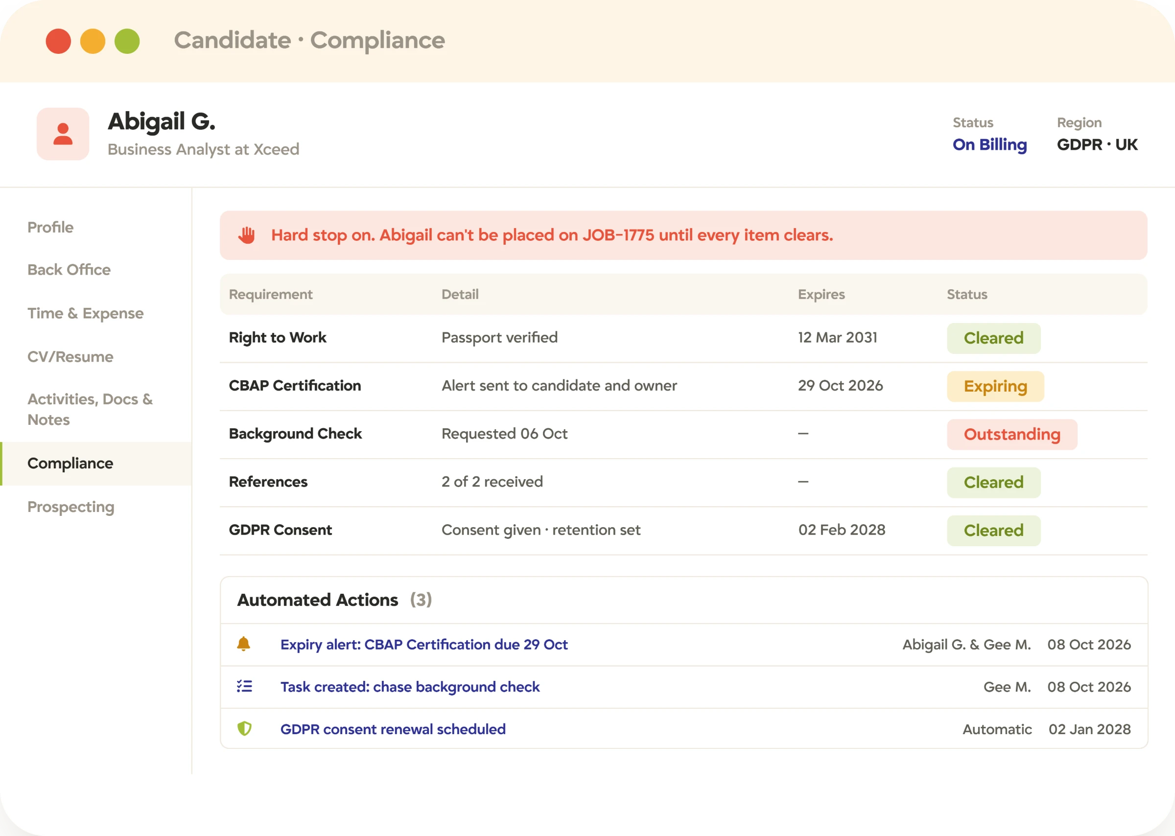 Candidate compliance tracking with hard stops in Tracker Tracker candidate compliance record with a hard stop, expiry alert, and GDPR consent