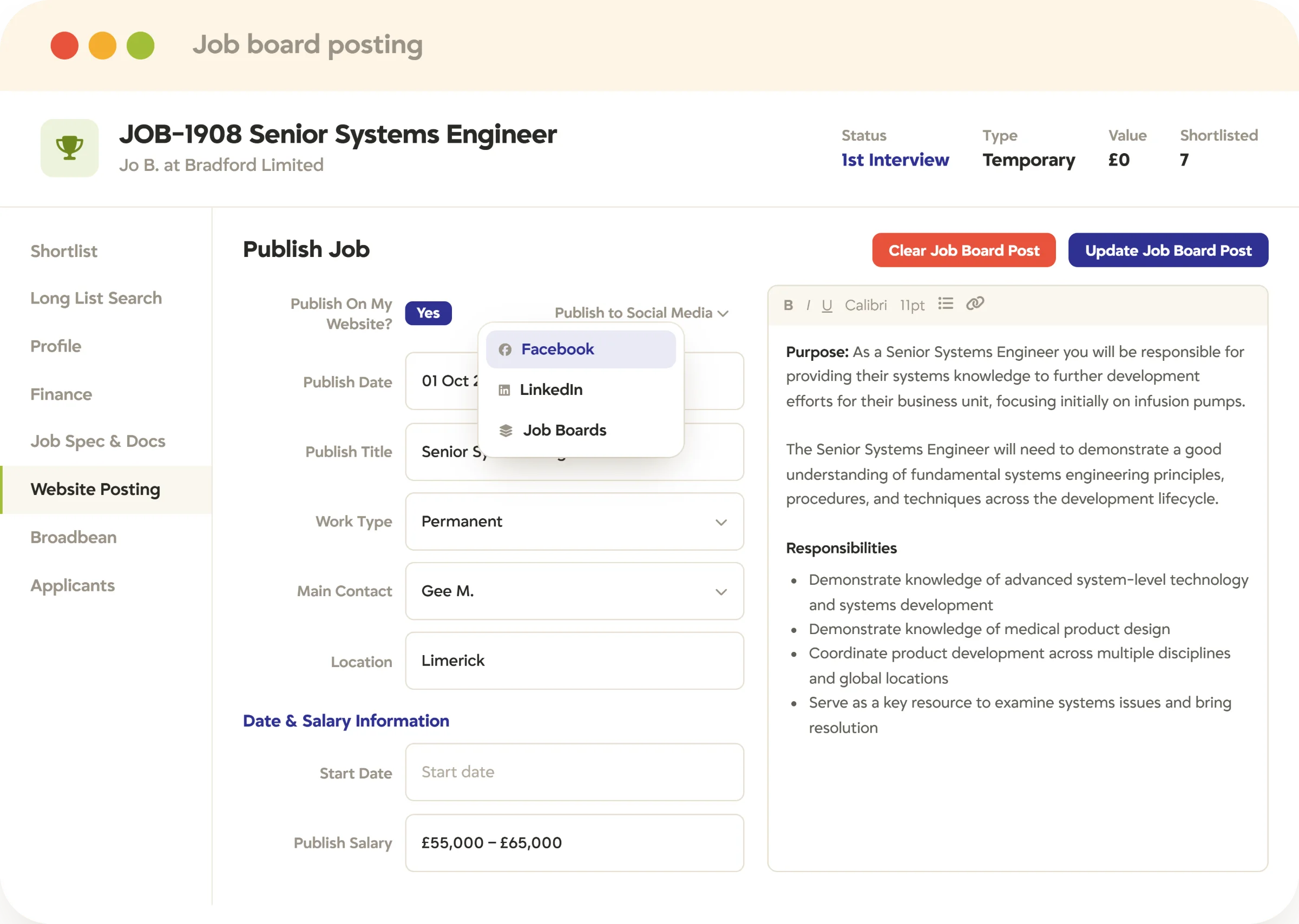 Job board posting from Tracker recruitment software Publishing a job from Tracker to the website, social media, and job boards
