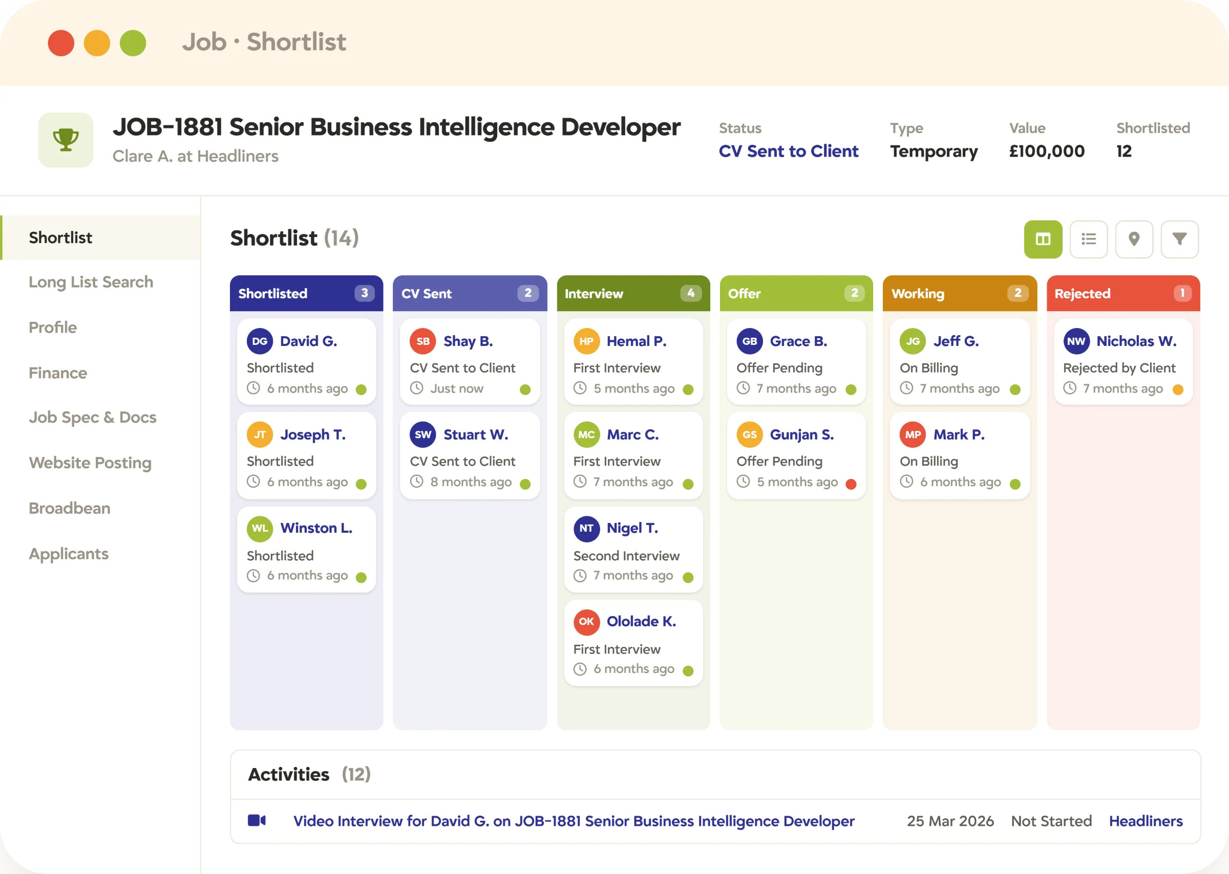 Recruitment ATS job shortlist in card view Tracker job shortlist in card view, with candidates in Shortlisted, CV Sent, Interview, Offer, Working, and Rejected