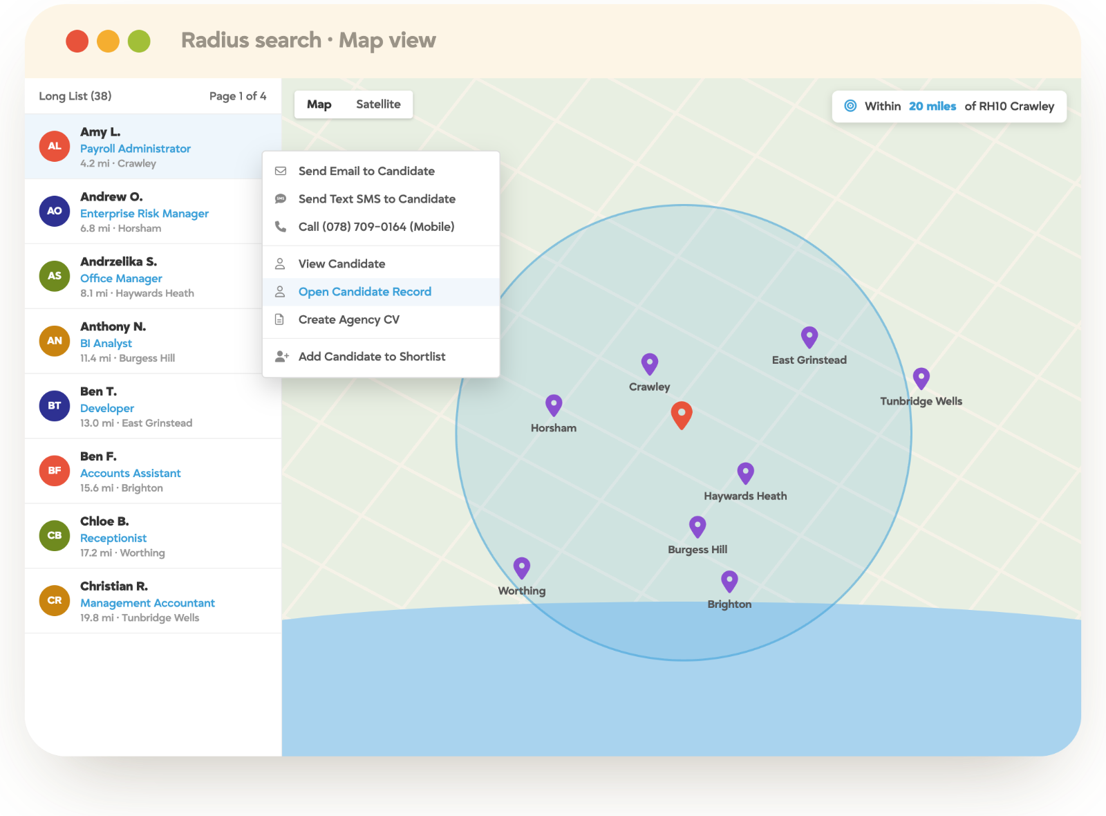 Tracker radius search map view plotting candidates within 20 miles of a location, with quick actions to email, text, or shortlist