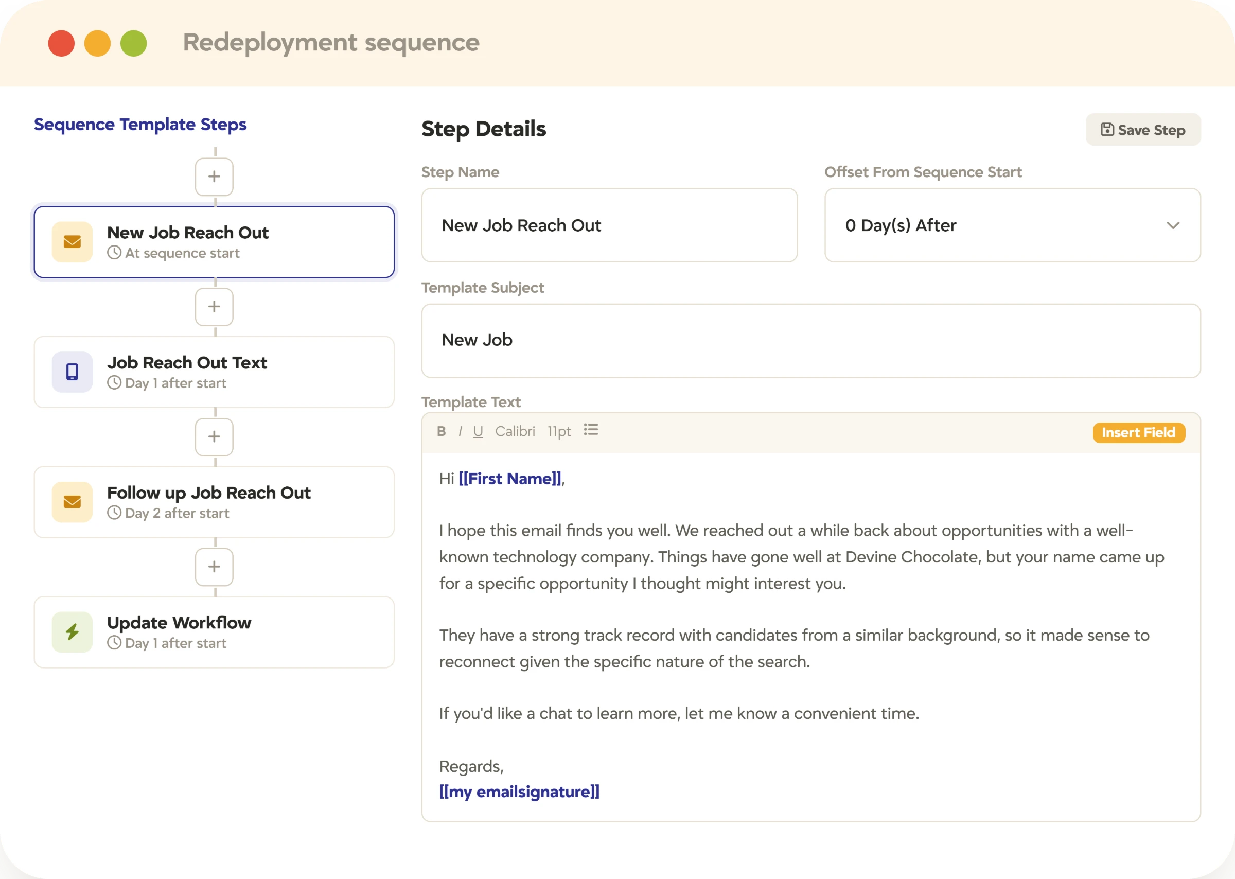 Candidate redeployment sequence in Tracker Tracker redeployment sequence with timed email, text, and workflow steps
