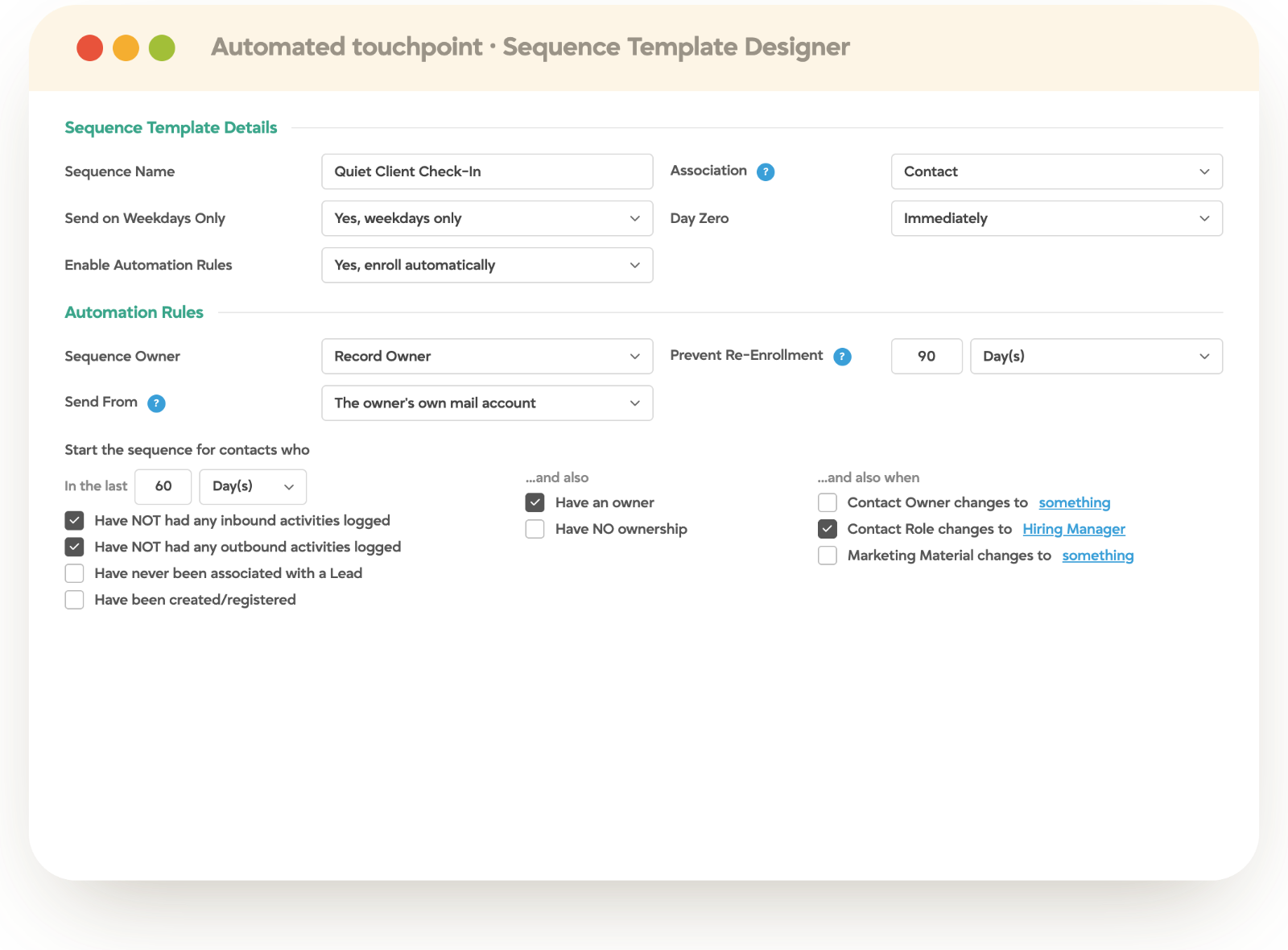 Tracker sequence template designer with automation rules for a quiet client check-in