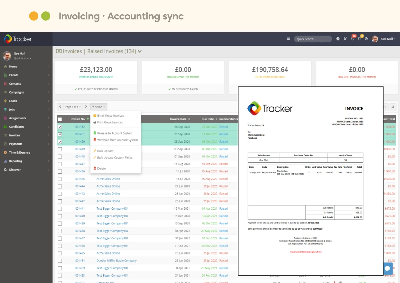 tracker-back-office-invoicing-and-accounting-sync Tracker back office invoicing screen with raised invoices, an invoice preview, and accounting sync