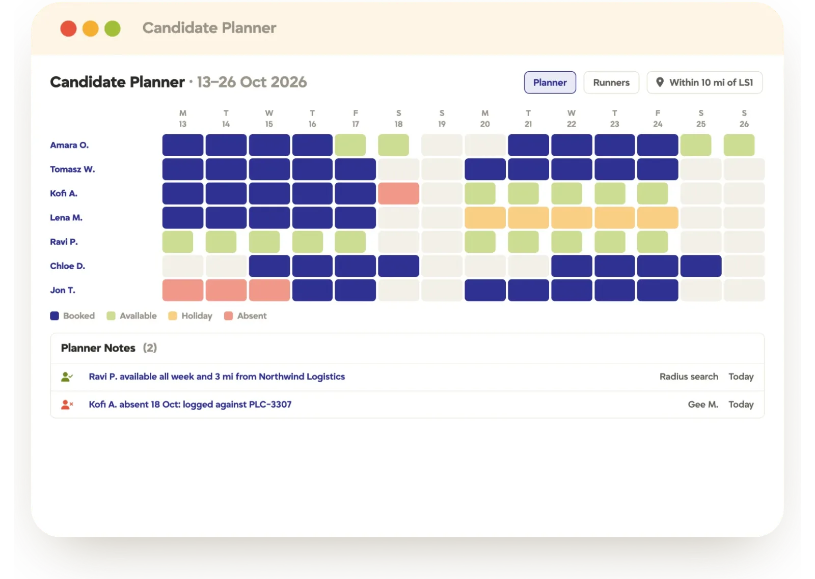 Tracker candidate planner grid showing booked, available, holiday and absent shifts for temp workers
