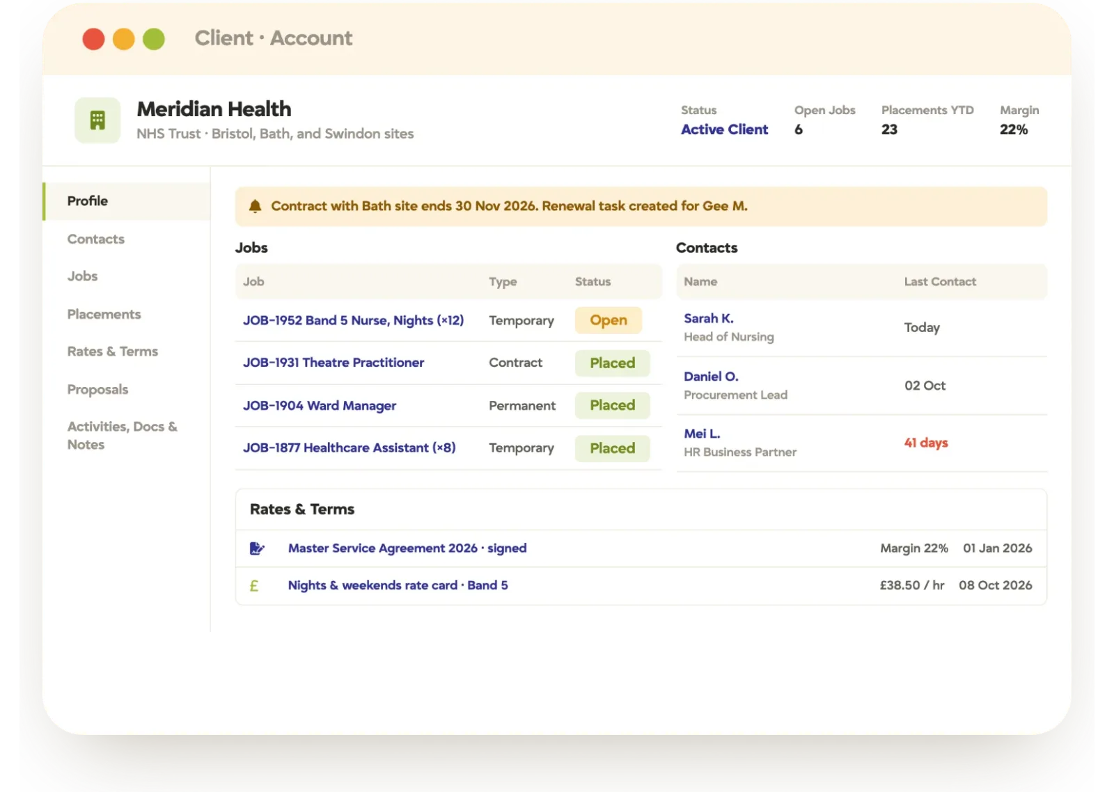 Tracker client account record for Meridian Health with open jobs, contacts, placements and rate terms