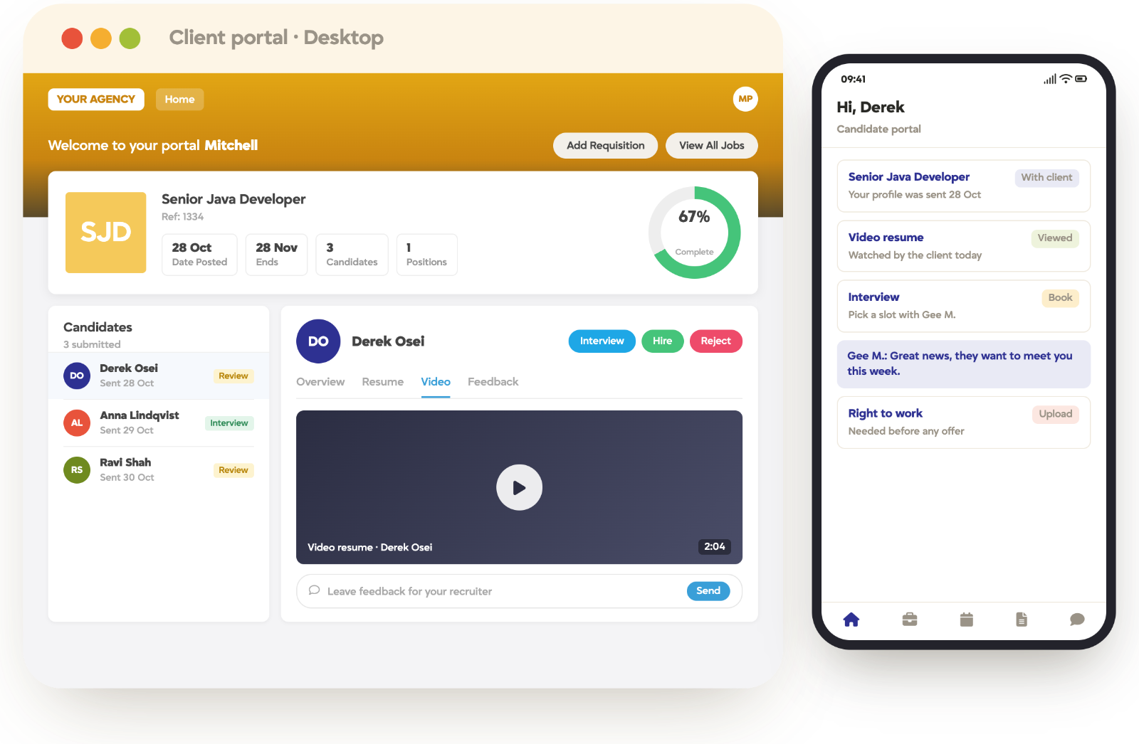 Tracker client portal on desktop reviewing a video resume, alongside the candidate portal on mobile