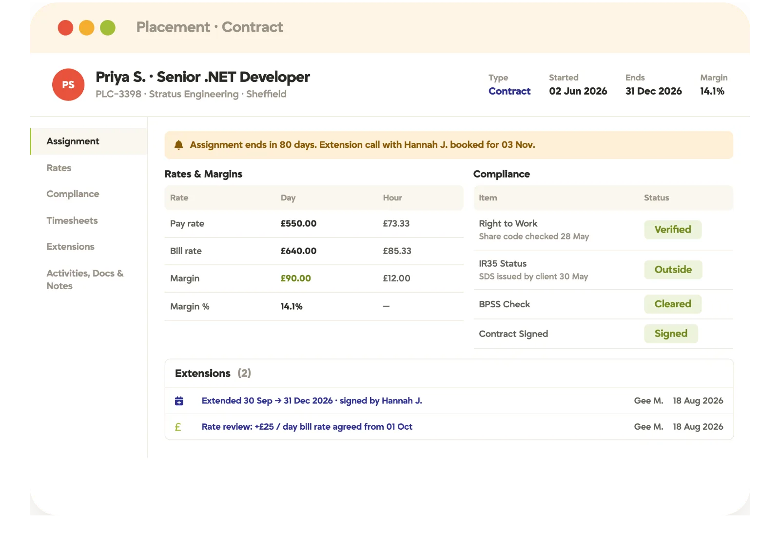 Tracker contract placement record with pay rate, bill rate, margin and per-assignment compliance checks