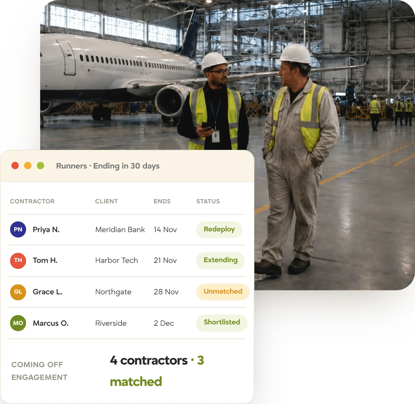 tracker-contract-runners-hangar-hero Two contractors in hi-vis talking in an aircraft hangar, with Tracker Runners showing contracts ending in 30 days and redeployment status
