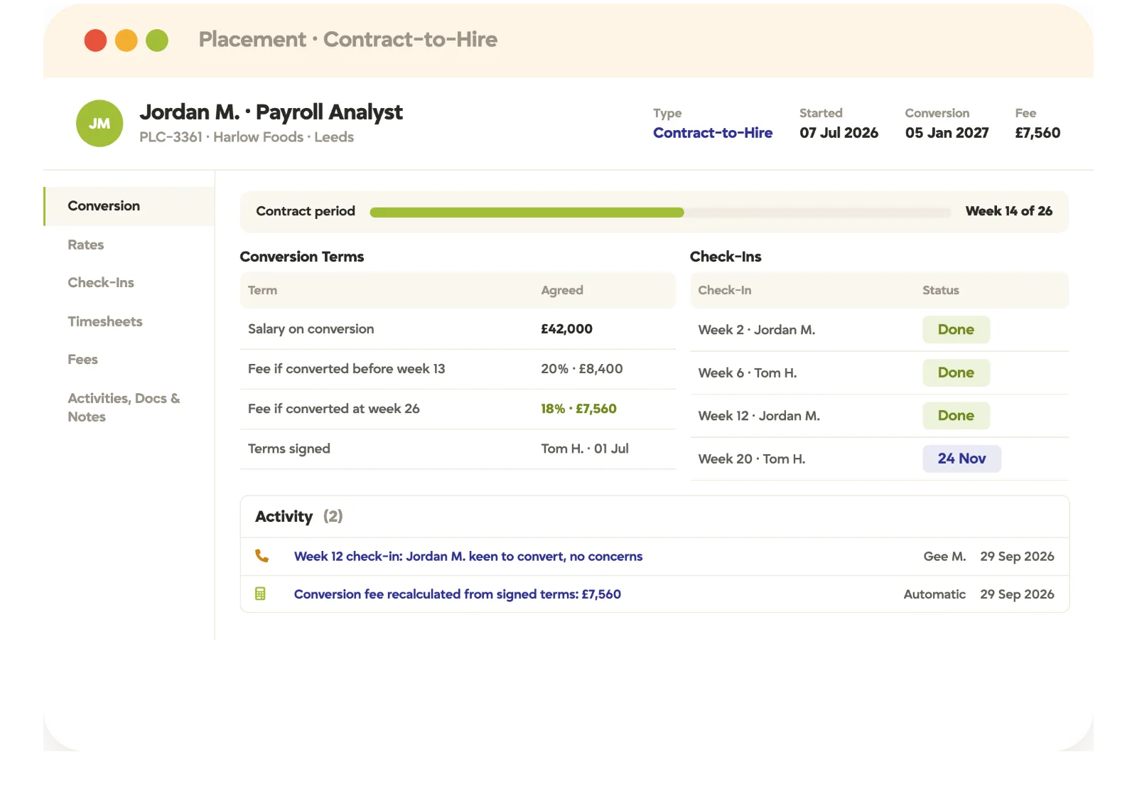 Tracker contract-to-hire placement showing conversion terms, fee and scheduled check-ins
