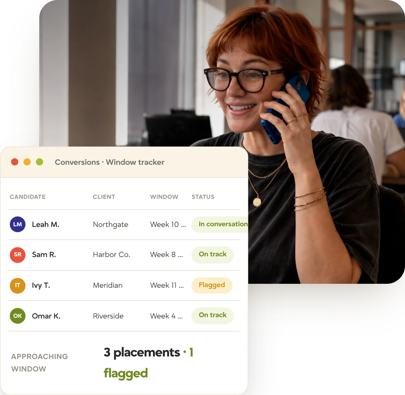 tracker-contract-to-hire-conversions-recruiter-hero Recruiter on a phone call in the office, with a Tracker conversion window tracker showing temp-to-perm placements and their status