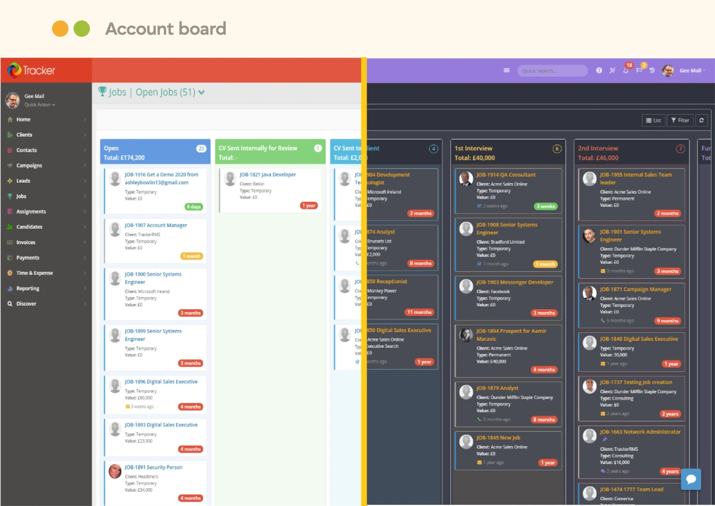 tracker-crm-account-board Tracker account board with client work organised in columns by status
