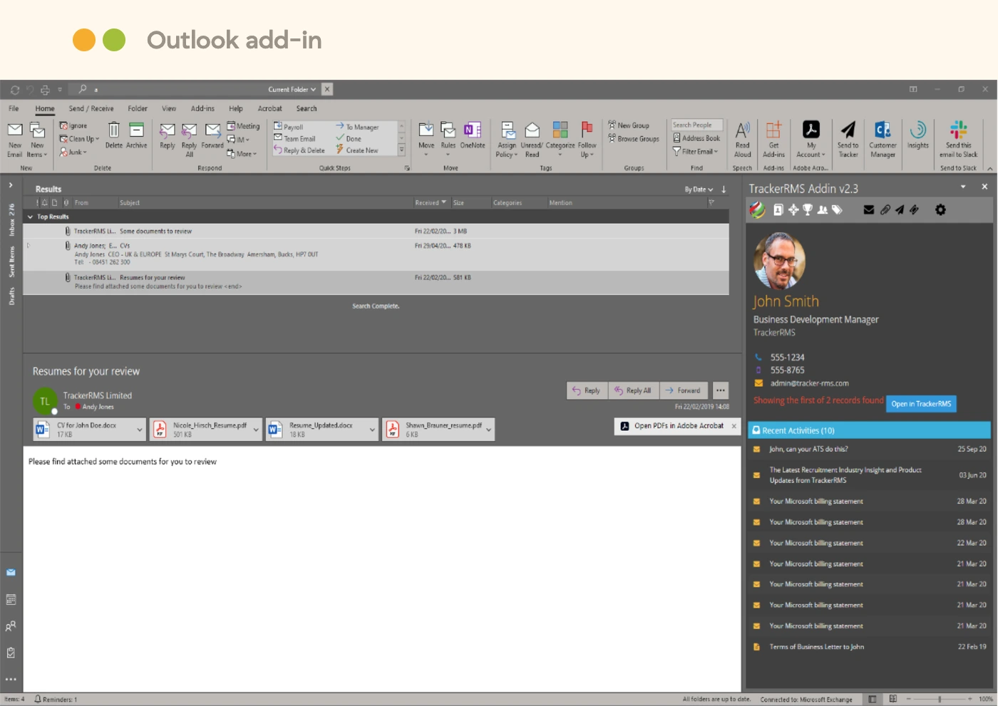 tracker-crm-outlook-add-in Tracker Outlook add-in showing the contact record beside the email so activity logs without leaving the inbox