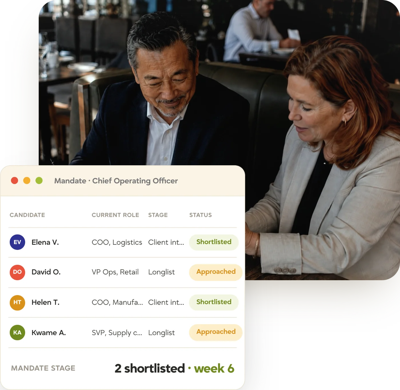tracker-executive-search-mandate-meeting-hero Executive search consultant meeting a candidate, with a Tracker COO mandate showing candidates, current roles, stage, and approach status