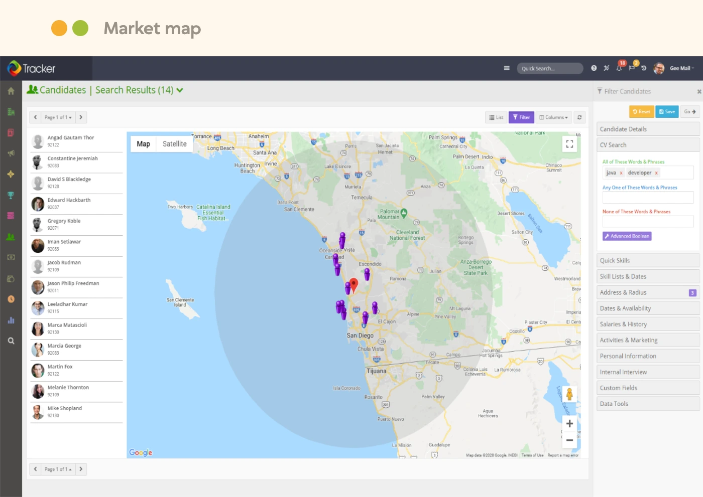 tracker-executive-search-market-map Tracker map view plotting candidates by location for market mapping on a search mandate