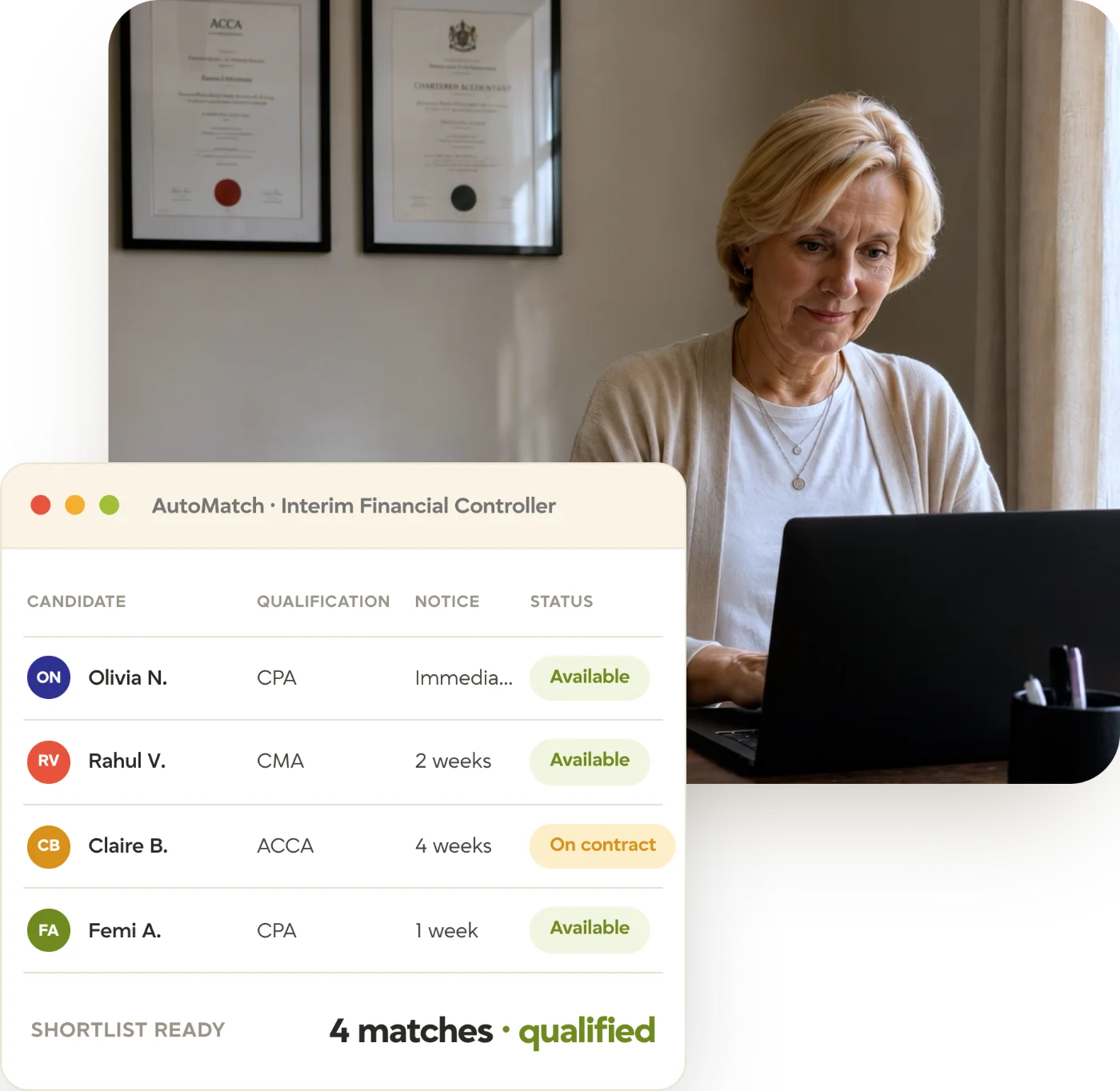 tracker-finance-accounting-automatch-recruiter-hero Finance recruiter working on a laptop beneath accounting certificates, with a Tracker AutoMatch shortlist for an interim financial controller